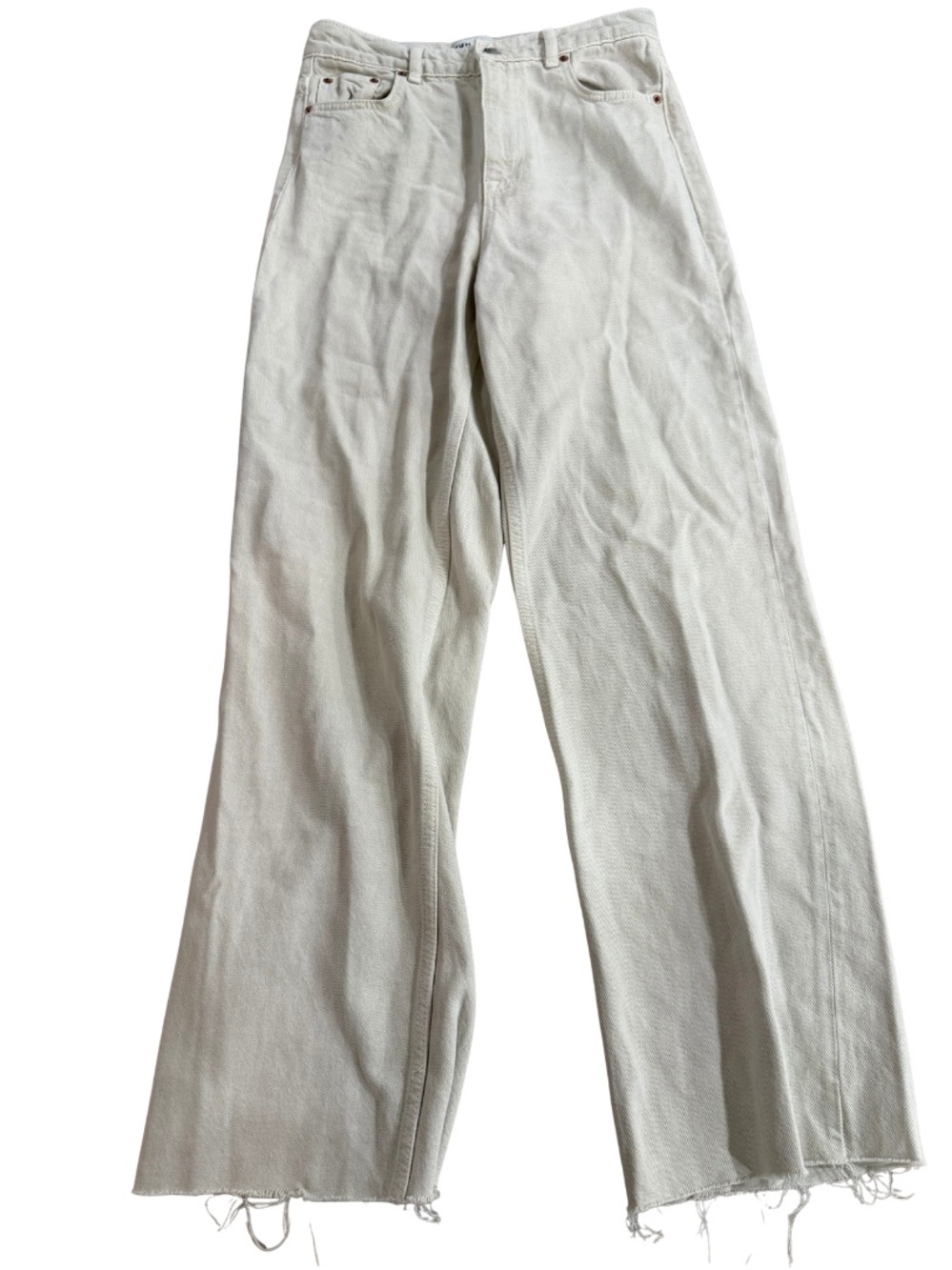 Zara Flattering High Rise Wide Leg Jeans Ecru Raw Hem Cream Ivory Denim Size 4
